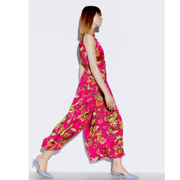 BLOGGER'S FAVE! Zara Cut Out Printed Jumpsuit Barbie Pink Sz S NWT - Picture 14 of 16